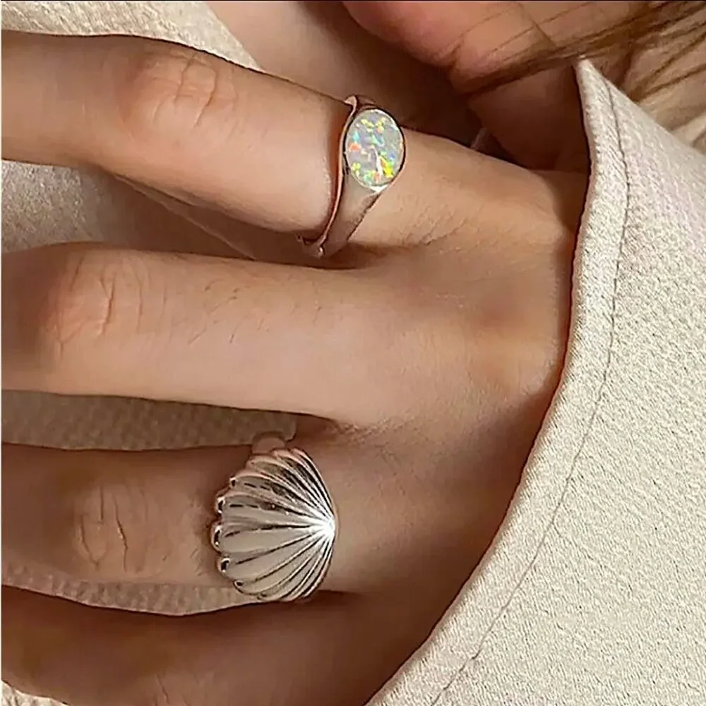 Sterling Silver Shell Opal Ring Set, Minimalist
